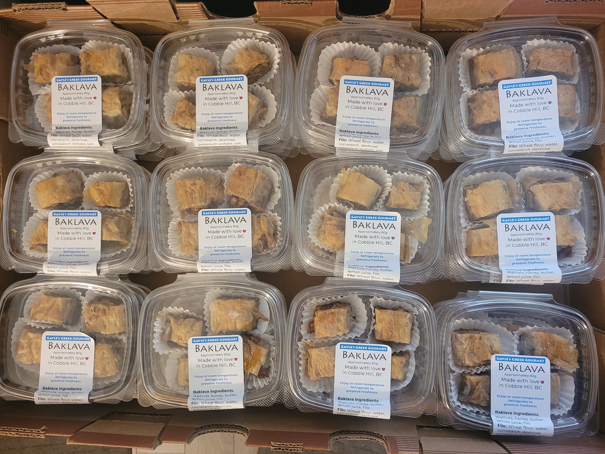 Baklava, packaged and labelled